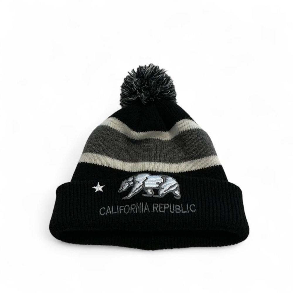 California Republic Beanie Hat Unisex OS Black Grey Excellent Pom Pom Striped
